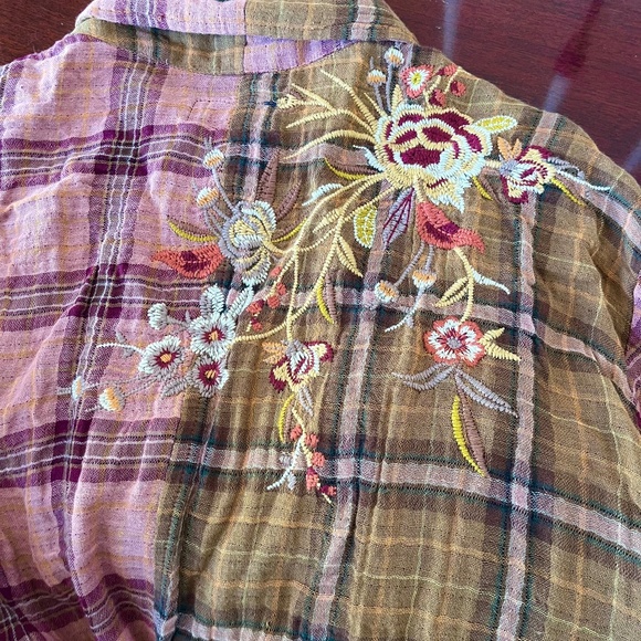 Johnny Was Pink and Brown Embroidered Plaid Top - Picture 4 of 7